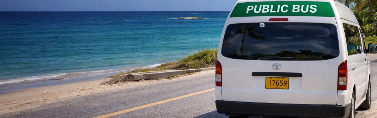 Grand Cayman public bus on the road along Seven Mile Beach