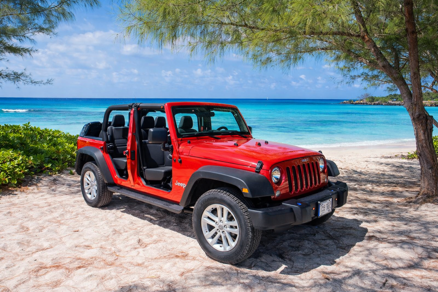 Red Jeep rental on a Grand Cayman beach