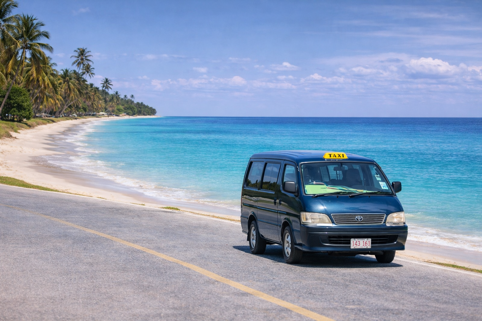 Taxi van parked along a scenic beach road in Grand Cayman